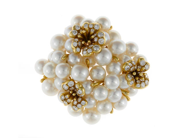 A cultured pearl and diamond flower motif brooch, Tiffany & Co.