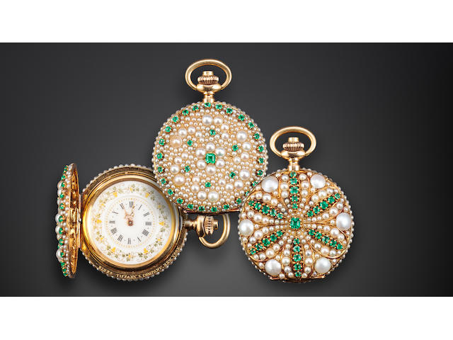 Tiffany & Co. A unique 18K gold hunter cased fob watch pav&#233; set with pearls and emeralds, designed by Paulding Farnham for the Columbian Exposition of 1893No. 81092, the case with Tiffany's Columbian Exposition hallmark
