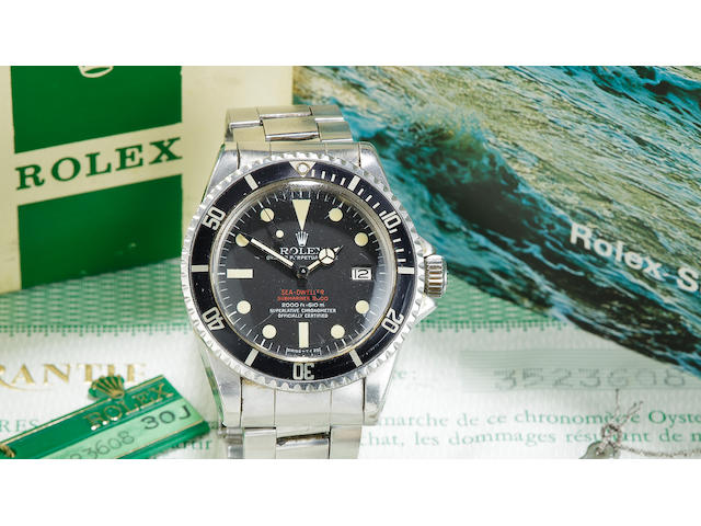 Rolex. A fine and rare stainless steel automatic center seconds diver's bracelet watch with date, helium escape valve and double red Sea Dweller logoOyster Perpetual Date, Sea-Dweller/Submariner 2000, Ref:1665, Mark IV, No. 3523608, made in 1972