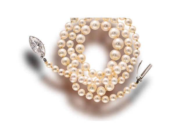 A belle &#233;poque natural pearl and diamond necklace, Theodore B. Starr,