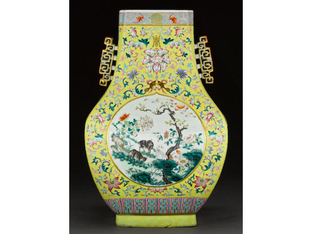 A famille jaune enameled porcelain hu-form vase Qianlong mark, Republic period