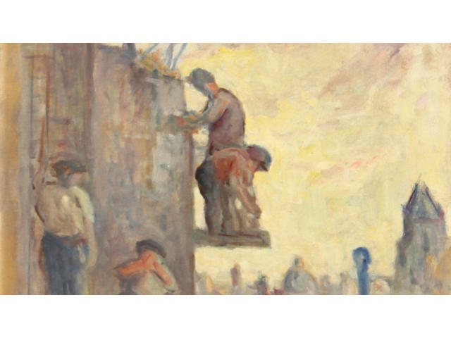 Maximilien Luce (French, 1858-1941) Sur les Toits (Bricklayers) 18 3/4 x 15 3/4in