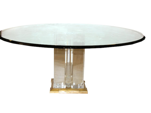 A Jeffrey Bigelow acrylic, brass and glass dining table