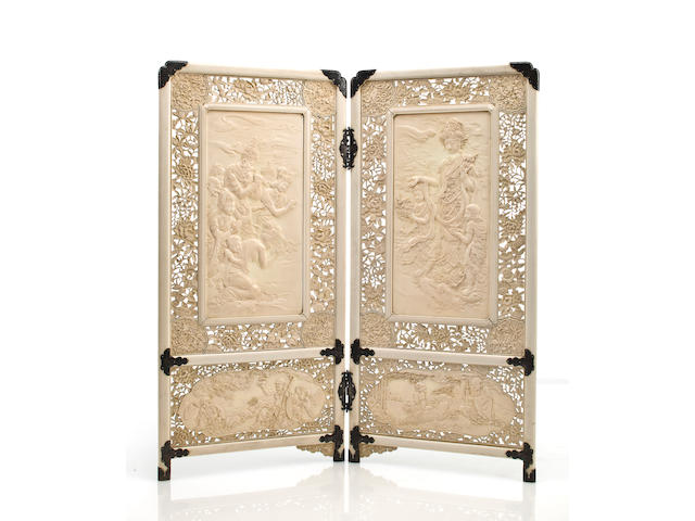 A two-panel ivory table screen By Asahi Gyokuzan (1843-1923)