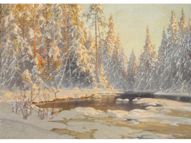 Anshelm Schultzberg (Swedish, 1862-1945) Winter in the forest 32 x 45 3/4in