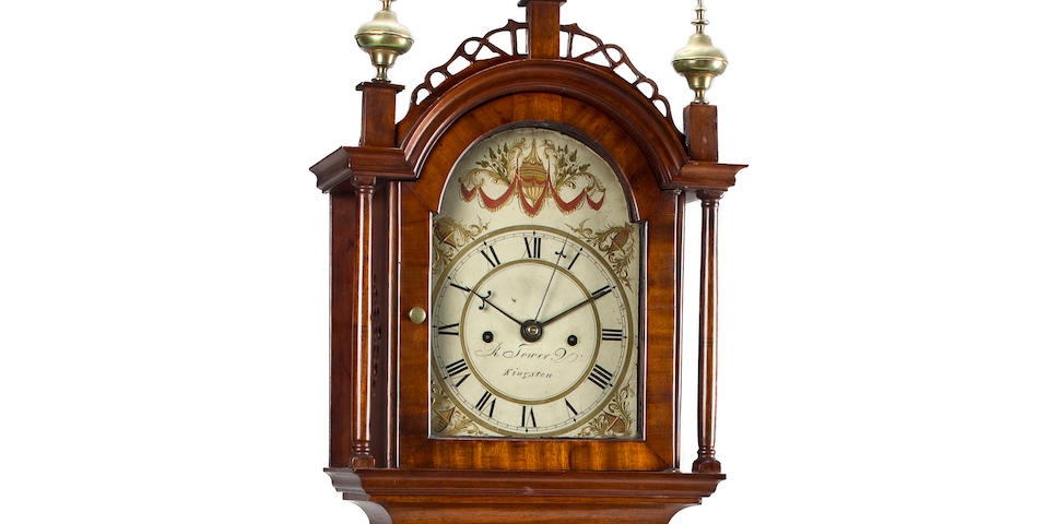 A very fine and rare American Federal inlaid mahogany dwarf clock with alarm signed R. Tower, Kingston, the case attributed to Henry Willard, circa 1821 - 1824