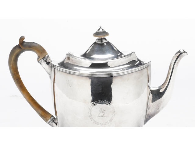 A George III silver teapot with wooden fittings Peter, Ann & William Bateman, London, 1803  With crest