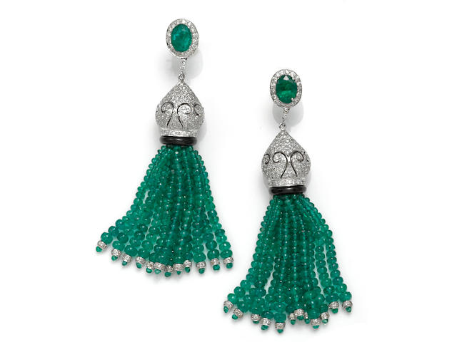 A pair of emerald, diamond and black onyx tassel earrings