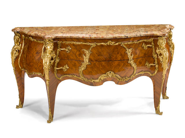 An important and fine Louis XV style gilt bronze mounted marquetry commode<BR />Paul Sormani<BR />fourth quarter 19th century