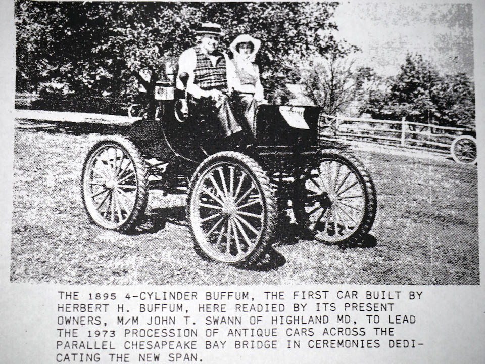 The world's oldest four-cylinder car, the oldest American car ever offered at auction, the oldest American gasoline car in private ownership.  The first Buffum automobile produced, Buffum family ownership for nearly 40 years, ex- Princeton Auto Museum collection,,1895 Buffum Four-Cylinder Stanhope  Chassis no. 1BUFFUM