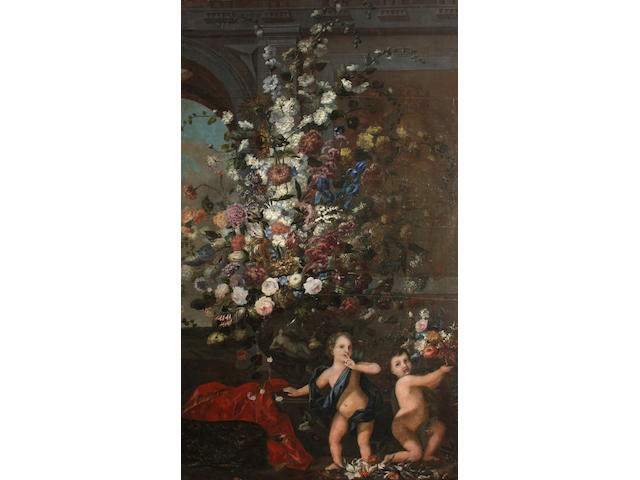 Attributed to Franz Werner von Tamm, called Dapper (Hamburg 1658-1724 Vienna) A still life of flowers in a decorated vase resting on a balustrade and two putti 112 x 66in