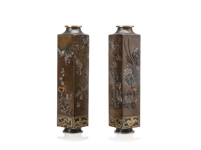 A pair of inlaid bronze vases By Atsuyoshi, Meiji period (late 19th century)