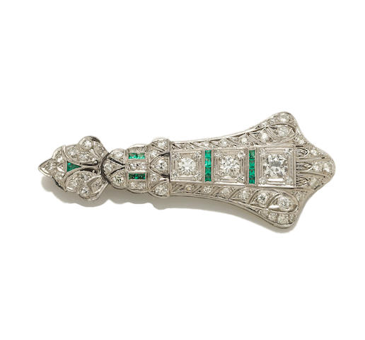 An art deco diamond and synthetic emerald brooch/pendant,