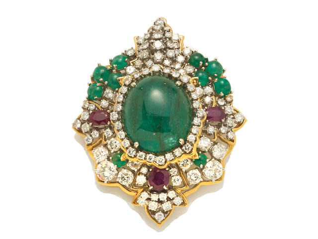 An emerald, ruby and diamond pendant/brooch