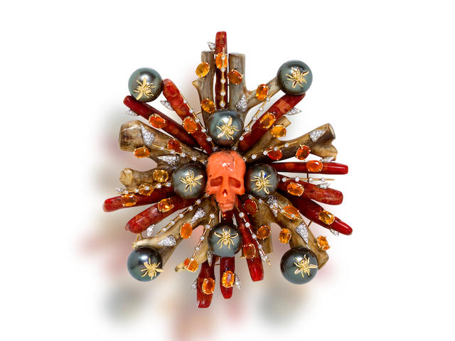 A coral, fire opal, cultured pearl and diamond brooch, Tony Duquette