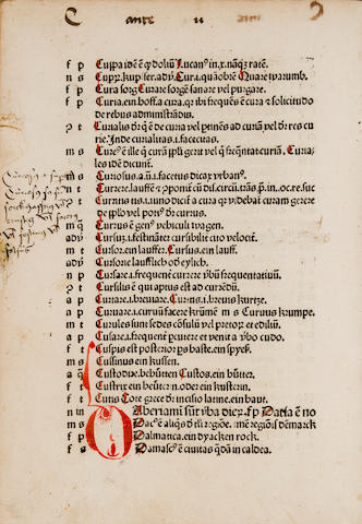 VOCABULARIUS EX QUO. Ex quo vocabularii varii autentici videlicet idelicet huguitio katholicon. [Strasbourg: printed by Georg Husner, not after 1483.]<BR />