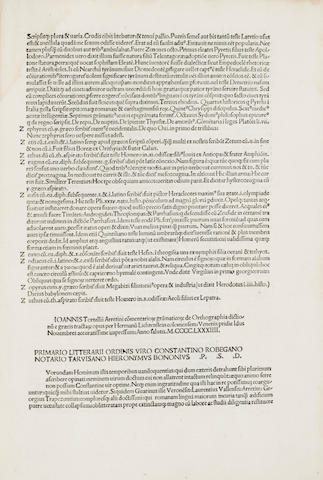 TORTELLI, GIOVANNI. 1400-1466. De orthographia dictionum e Graecis tractarum. Venice: Hermann Liechtenstein, November 12, 1484.<BR />