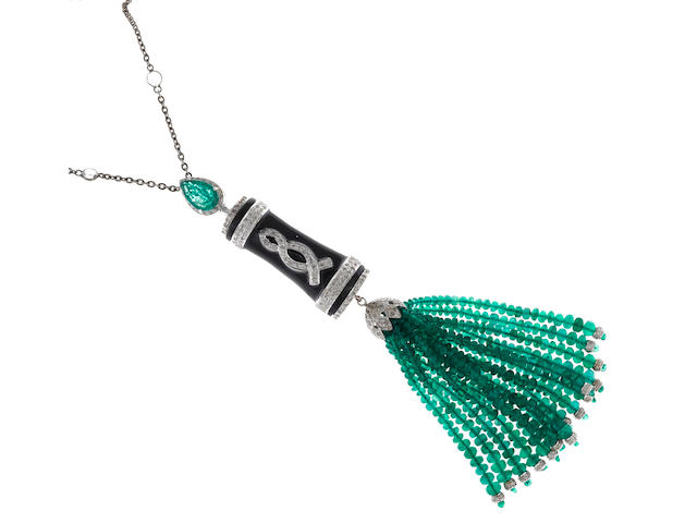 An emerald, diamond, white sapphire and enamel tassel pendant/necklace