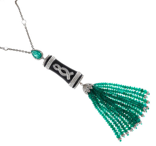 An emerald, diamond, white sapphire and enamel tassel pendant/necklace