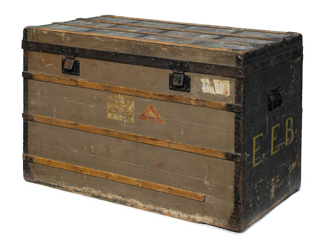 A rare and early Louis Vuitton Trianon canvas, enameled metal and wood steamer trunk  Paris, 1882