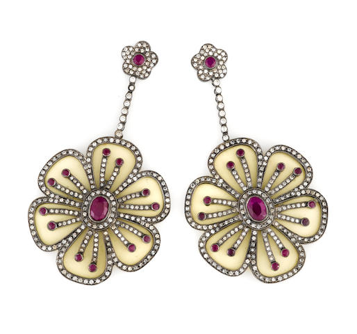 A pair of bakelite, ruby and diamond floral motif earrings