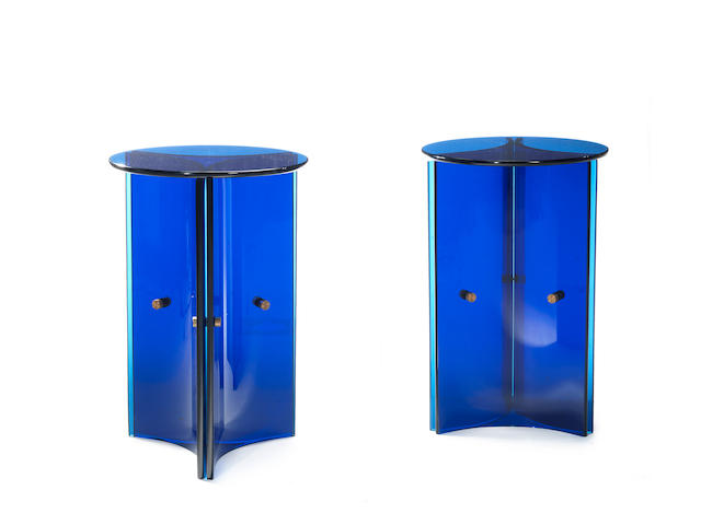 Fontana Arte A Pair of Blue Glass Side Tables  circa 1960  with chromed steel fittings  Height: 30 in. 76.2 cm. Diameter: 19 11/16 in. 50 cm
