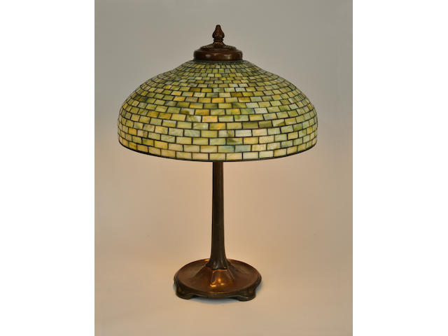 A Tiffany Studios Favrile glass and patinated bronze Geometric table lamp first quarter 20th century