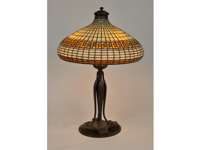 A Tiffany Studios Favrile glass and Suess patinated bronze Geometric table lamp first quarter 20th century