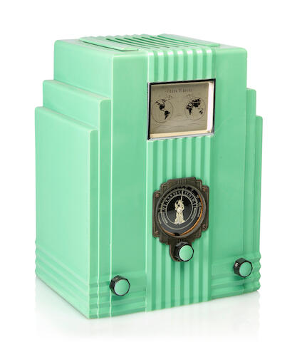 Bonhams An Air King Skyscraper 52 Designed By Harold Van Doren Circa 1933 Mint Green Case With Green On Black Knobs And A Map Of The World Dial Height 11 3 4in