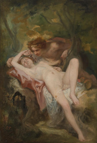 Attributed to Nicolas Fran&#231;ois Octave Tassaert (French, 1800-1874) A nymph and a satyr in the woods 14 1/2 x 10in