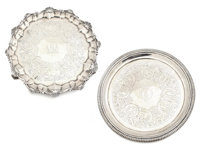 Two English sterling silver salvers One George III by Thomas Hannam & John Crouch II, London, 1804; the other Victorian, by George John Richards, 1852