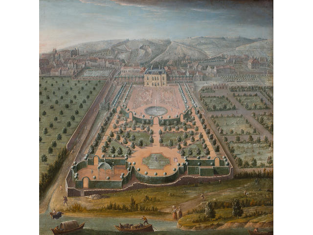 French School, early 18th Century A front and a rear view of a French estate (a pair) each 51 1/2 x 51 1/4in (131 x 130cm)