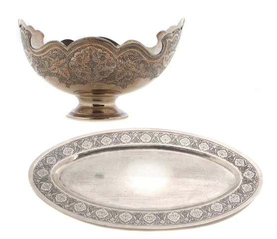 A Persian 84 standard silver footed center bowl and oval fish platter Late 19th/20th century