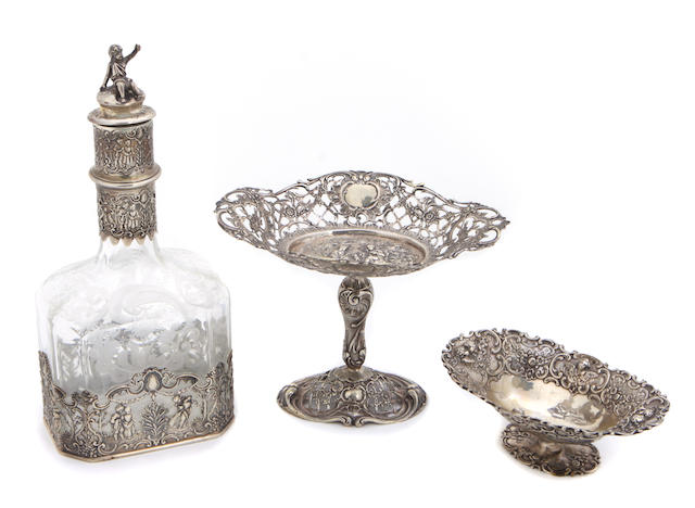 A group of three German silver and etched glass Historismus table articles late 19th / 20th century