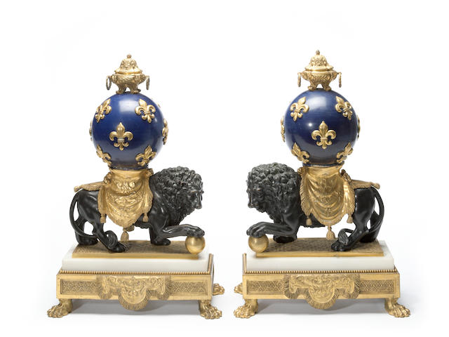 A pair of R&#233;gence style gilt, patinated bronze, enamel and marble figural chenets<BR />late 19th century