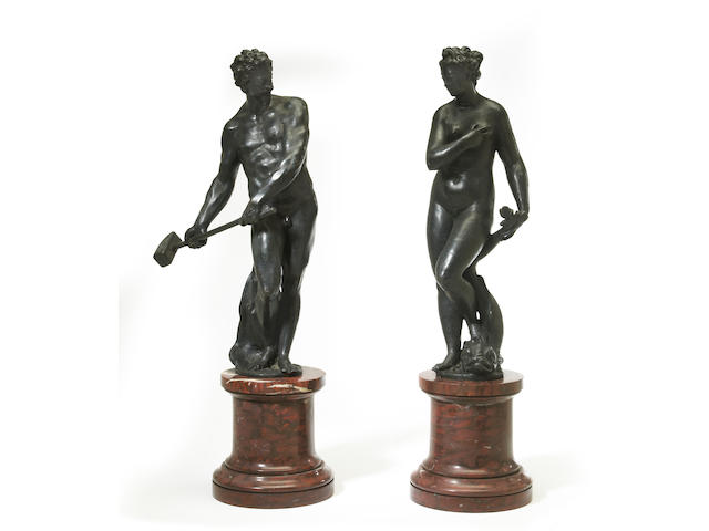 A pair of Renaissance style patinated bronze and rouge griotte figures: Venus and Vulcan Vulcan probably after a model by Tiziano Aspetti (1561-1606) first half 20th century