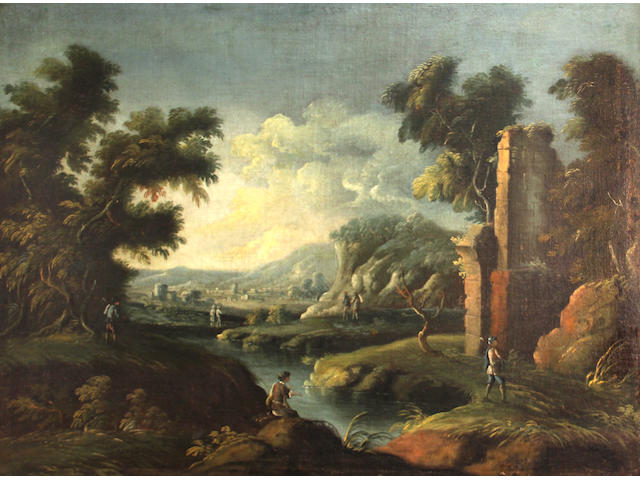 Italian School, 18th Century Figures by a stream amongst classical ruins; and a companion painting (a pair) 29 3/4 x 40 1/2in
