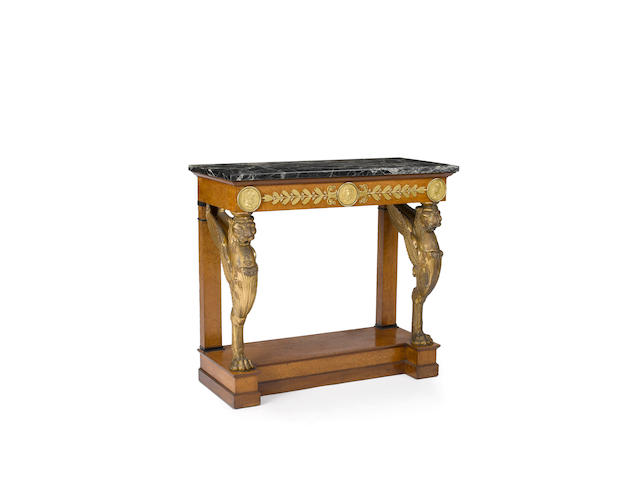 An important and fine Empire gilt bronze mounted and parcel gilt thuya wood console table Tuileries Palace attributed to Jacob Desmalter  early 19th century