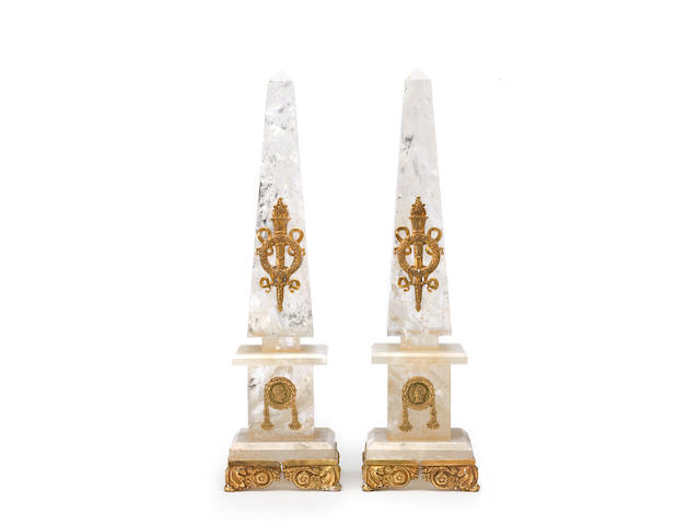 A pair of Neoclassical style gilt bronze mounted rock crystal obelisks fourth quarter 20th century
