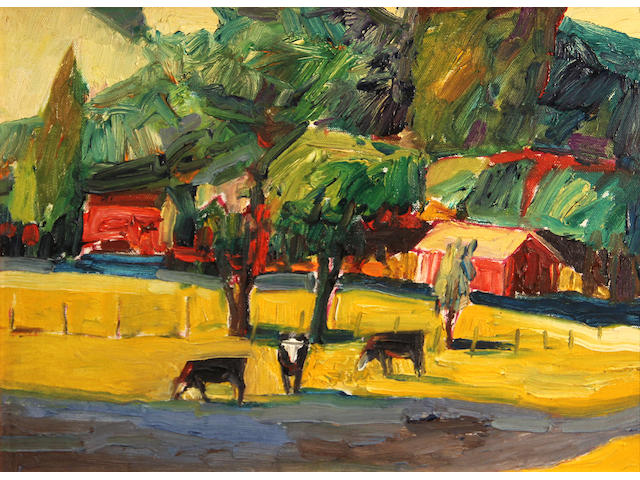 Lundy Siegriest (American, 1925-1985) Cows in a pasture, 1982-84 12 x 16in