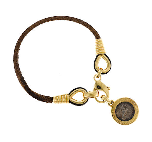 An ancient coin, eighteen karat gold and leather bracelet, Bulgari
