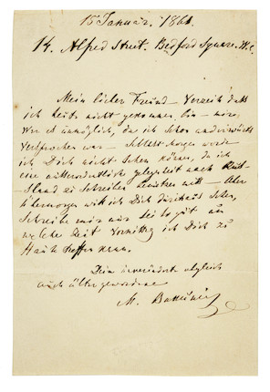 BAKUNIN, MIKHAIL. 1814-1876. Autograph Letter Signed (M. Bakǔnin), 1 p, 8vo, Bedford Square, London, January 15, 1861 but 1862, image 1
