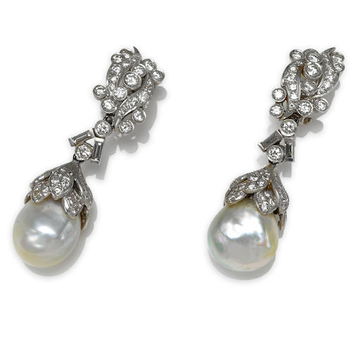 Bonhams : A pair of South Sea cultured pearl and diamond pendant earrings