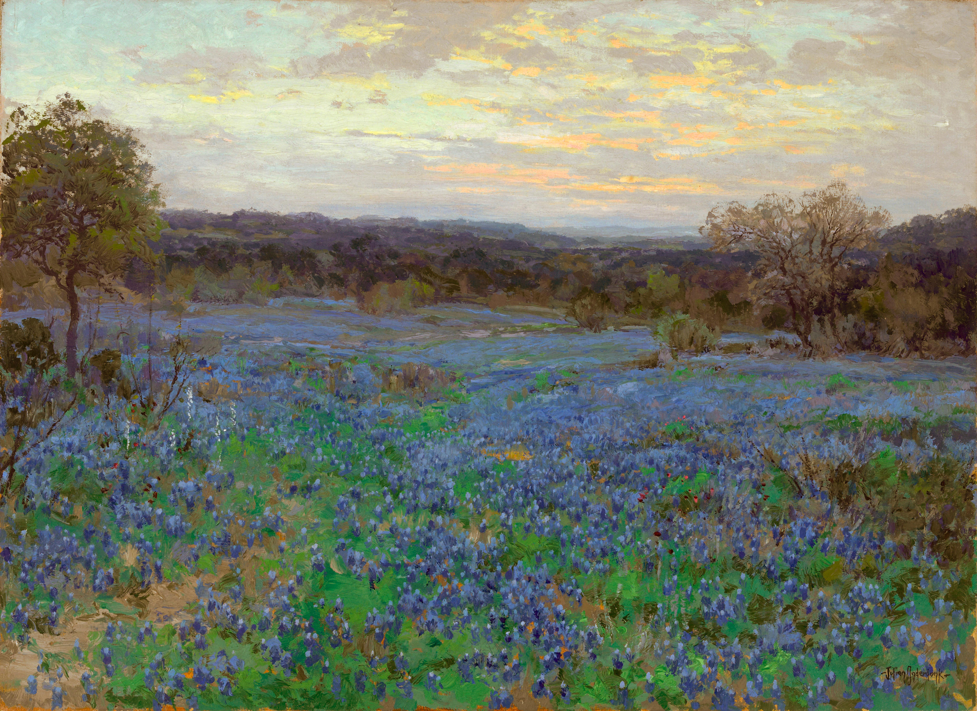 Julian Onderdonk hand-painted oil painting reproduction,A field of Texas bluebonnets in the Texas Hill Country springtime scene The Quarry 