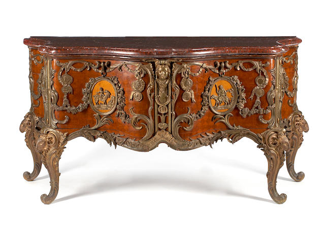 A Louis XV style gilt bronze mounted parquetry inlaid walnut commode  after a model by Antoine Robert Gaudreau circa 1900