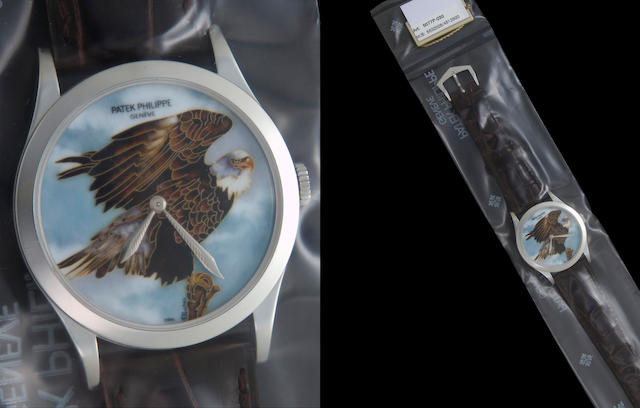 Patek Philippe. A very fine platinum limited edition automatic wristwatch with painted and cloisonn&#233; enamel dial depicting the American bald eagleRef:5077P - 030, Case no. 4512500, Movement no. 5320028,  dial signed by the enameller, Anita Porchet,produced in an Edition of Four, sold 2011