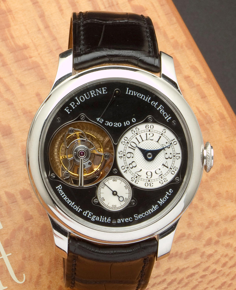 F. P. Journe. A very fine and rare platinum tourbillon wristwatch with power reserve and remontoire displaying dead beat secondsTourbillon Souverain, Remontoire d'Egalite avec Secondes Morte, No. 360 &#8211; TN, sold 2007