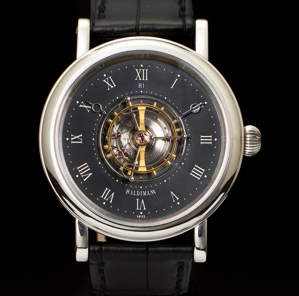 Beat Haldimann. An extremely fine platinum precision wristwatch with central flying tourbillonH1, No. 19, completed 2005