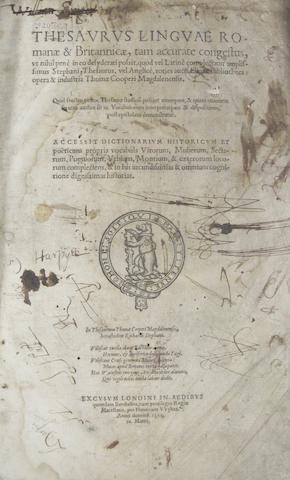 COOPER, THOMAS. c.1517-1594. Thesaurus Linguae Romane et Britannicae.... Henry Wykes for Berthelet, 1565.<BR />