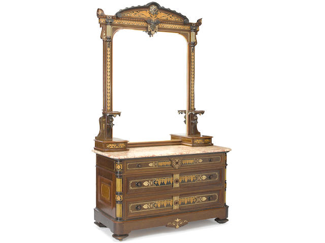 An American Aesthetic ebonized, parcel gilt, maple and burl inlaid dresser<BR />Herter Brothers, New York<BR />circa 1872